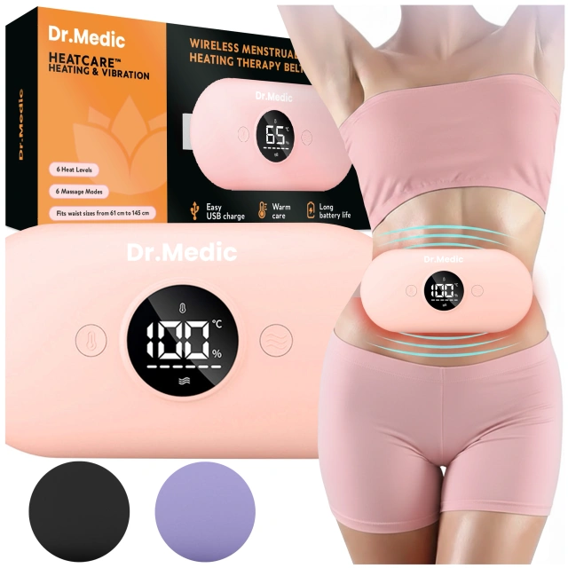 Pas Grzejący z Masażerem na okres i plecy - przeciwbólowy, ciepło + wibracje, 6 poziomów intensywności, akumulator 1800 mAh - Dr.Medic ThermoPulse™ Różowy