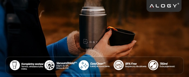 Alogy Termos obiadowy na jedzenie zupe dla dzieci 700ml ze stali nierdzewnej + składana łyżeczka termiczny szary