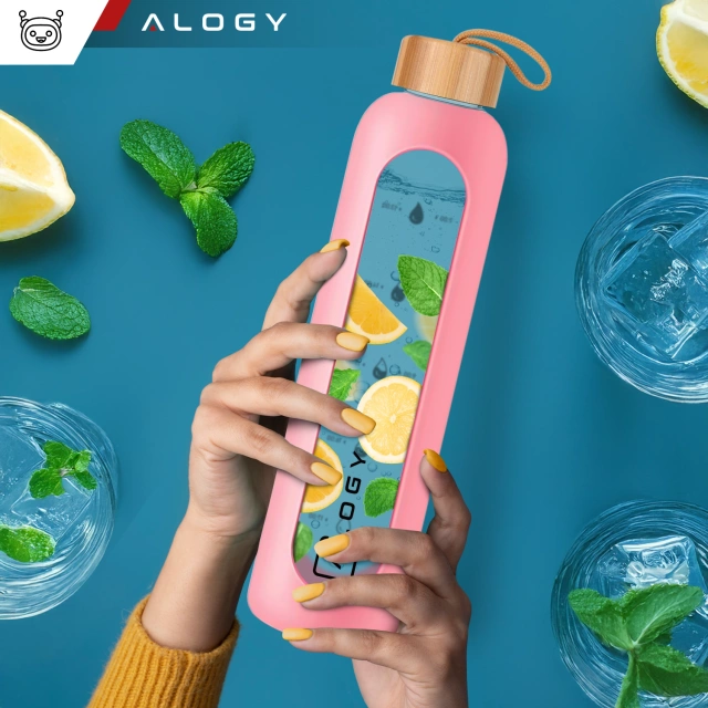 Alogy Motivational Glass Water Bottle Butelka szklana duża bidon na wodę napoje Miarka motywacyjna 1l 1000ml Różowa