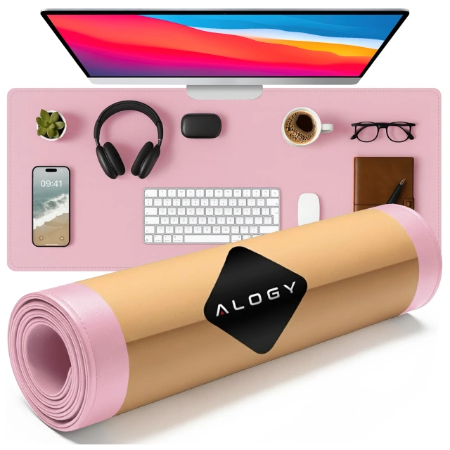 Podkładka na biurko 90×45 cm – antypoślizgowa mata ochronna z eleganckiej ekoskóry PU, pod mysz i klawiaturę, stylowa i trwała – Alogy WorkMat™ Różowa