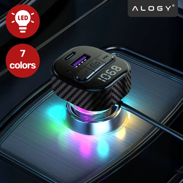 Transmiter FM Bluetooth 5.3 z Ładowarką Samochodową PD 30W QC3.0, Kabel Sprężynowy USB-C, Obsługa Pendrive, Podświetlenie LED 7 Barw – Alogy CarTune™ Czarny