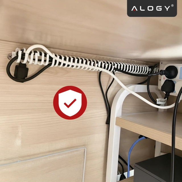 Sprężynowy organizer na kable pod biurko – elastyczna maskownica 50×4 cm, samoprzylepna, do porządkowania przewodów – Alogy CableStrip™ Biały