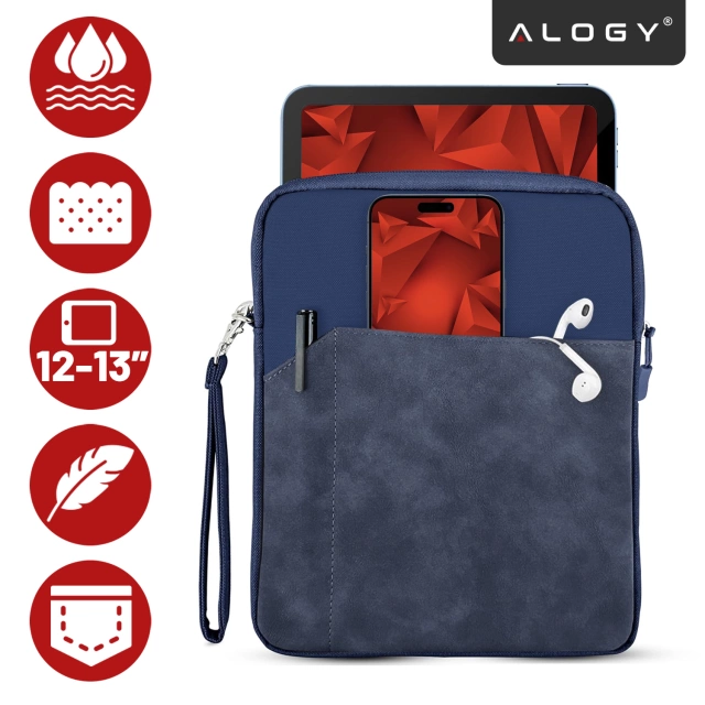 Torba Wsuwka Uniwersalna na tablet laptop 12–13" z Smyczką i Kieszonką, Ochronna, Wodoodporna, Miękkie Wnętrze Alogy SleeveBag™ – Etui do MacBook, iPad, Samsung, Lenovo, Xiaomi, Granatowy
