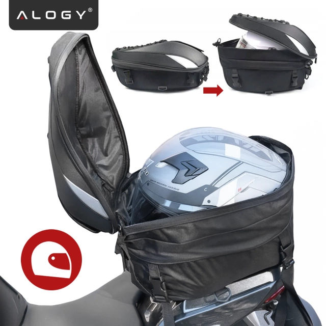 Plecak torba motocyklowa wodoodporna 40L – 5w1 – kufer, podsiodłowa, bagażnikowa, na kask, z pokrowcem, Nylon, torba miejska na motocykl – Alogy RoadMaster™  Czarna
