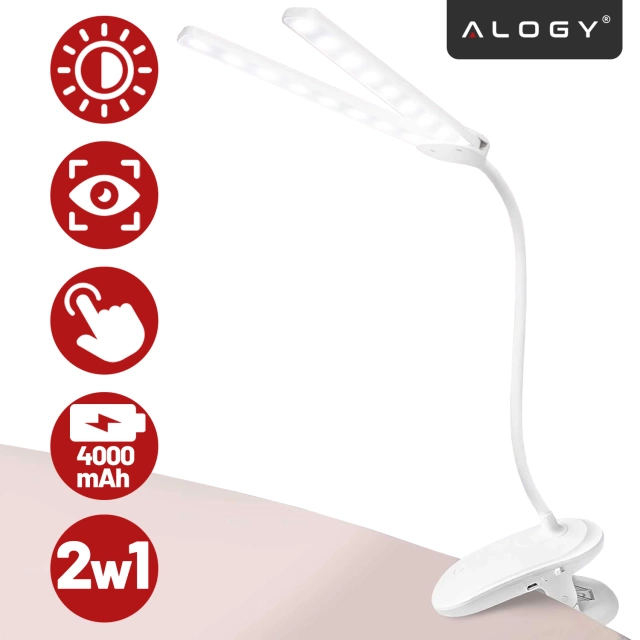 Lampka biurkowa nocna LED – akumulator 4000 mAh, podwójne oświetlenie, elastyczne ramię, klips z regulacją, idealna do biurka i łóżka – Alogy SmartClip™ Light Biała
