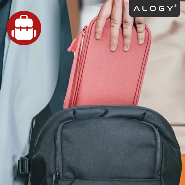 Etui Podróżne na Akcesoria, Organizer na Kable, Ładowarki, Telefon i Powerbank, Wielofunkcyjne i Kompaktowe 21 x 12,5 x 5 cm, Alogy TravelPack™ – Różowe