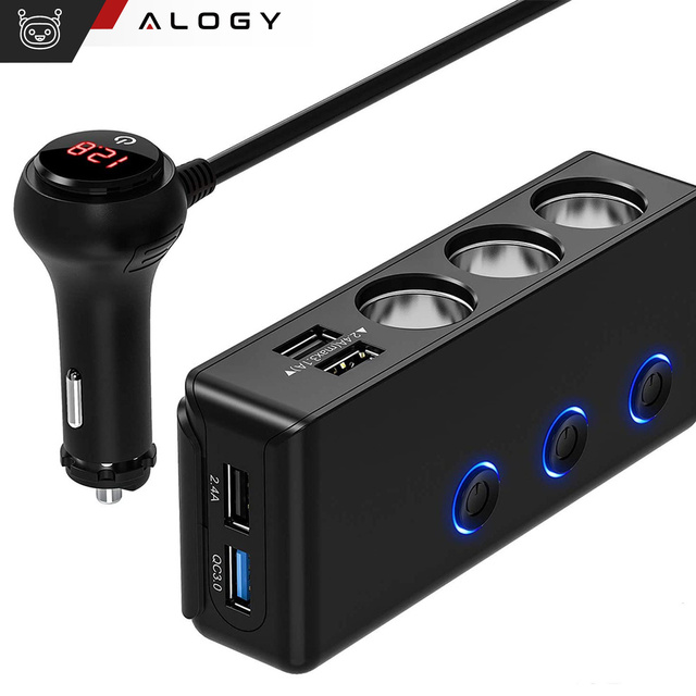  Alogy Adapter Rozdzielacz gniazda zapalniczki przełącznik 120W 3x Gniazdo zapalniczki + 4x USB QC Czarny