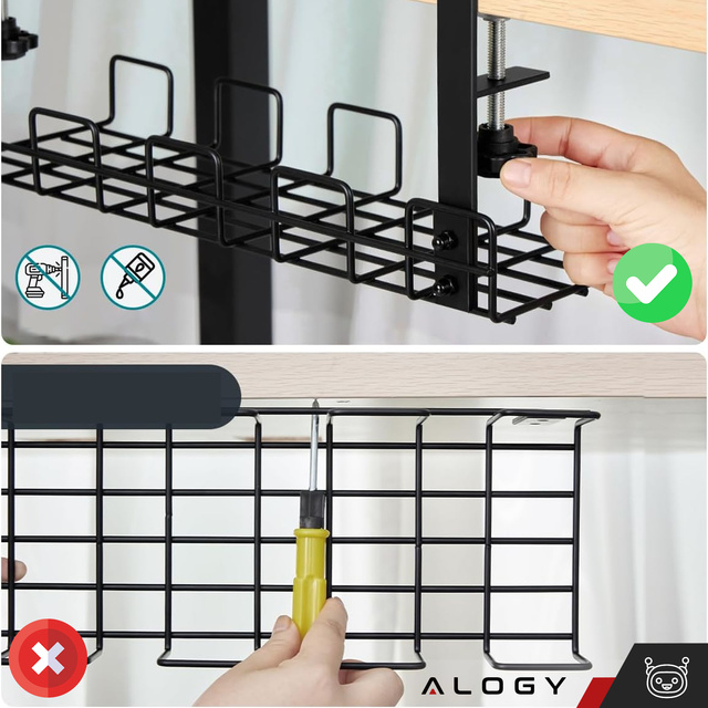 Alogy Organizer kabli uchwyt półka pod blat na kable listwy biurkowy podbiurkowy aluminiowy 38.5cm Czarny