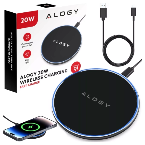 Alogy Ładowarka indukcyjna QI bezprzewodowa 20W szybka LED okrągła  + kabel USB-CCzarna