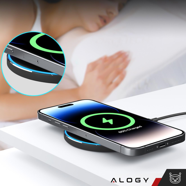 Alogy Ładowarka indukcyjna QI bezprzewodowa 20W szybka LED okrągła  + kabel USB-CCzarna