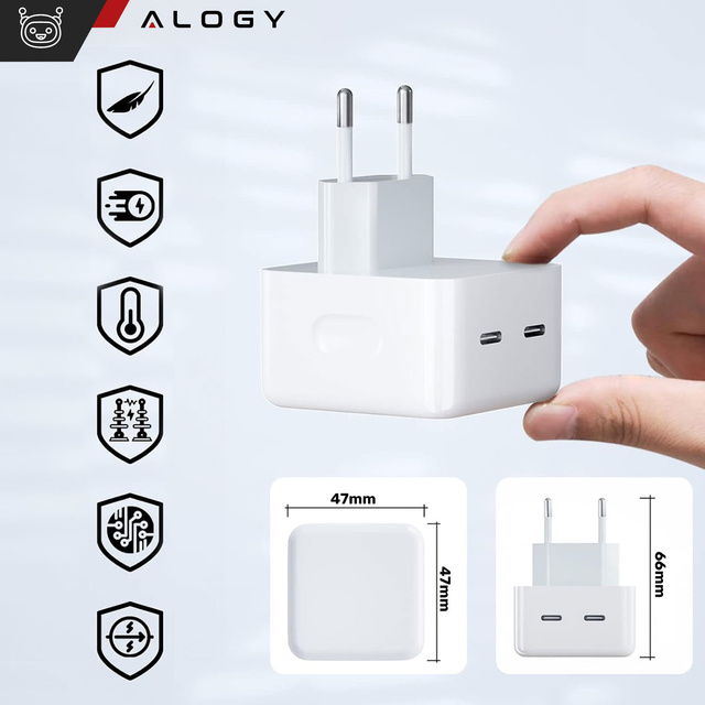 Alogy Ładowarka sieciowa szybka 35W 2x USB-C USB typ C PD do iPhone + Kabel type-C 1m Biała