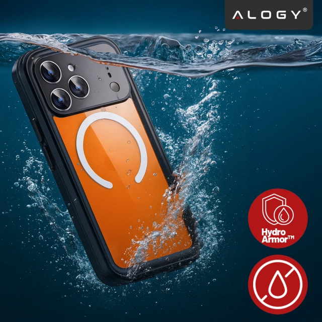 Etui Wodoodporne do Apple iPhone 17 Pro 6,3", Pancerna Obudowa 360° z Przezroczystym Tyłem, Kompatybilna z MagSafe, Alogy HydroArmor™ IP68 Case – Czarne
