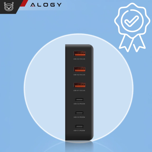 Ładowarka sieciowa 6w1 Super Szybkie Ładowanie 100W GaN 3x USB 3x USB-C Alogy Super Quick Charger Czarna