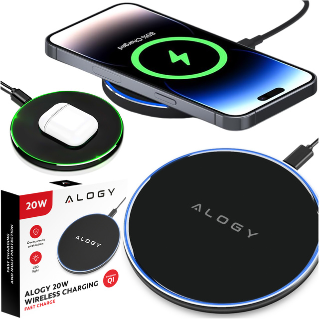 Alogy Ładowarka indukcyjna QI bezprzewodowa 20W szybka LED okrągła  + kabel USB-CCzarna