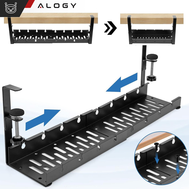 Alogy Organizer kabli pod blat półka regulowana na kable listwe biurkowy aluminiowy uchwyt Czarny 