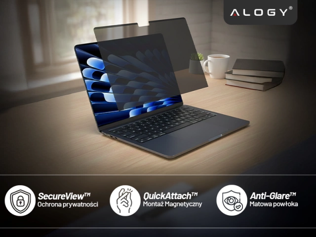 Magnetyczna folia prywatyzująca do Macbook Pro 16" 2021-2024 – ochrona prywatności, łatwy montaż, pokrowiec do przechowywania, redukcja odblasków – Alogy SecureView™