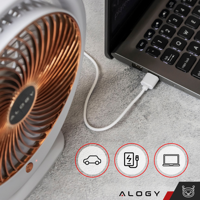 Alogy Wentylator wiatrak biurkowy stojący mocny mały przenośny bezprzewodowy 1200mAh USB-C Biały