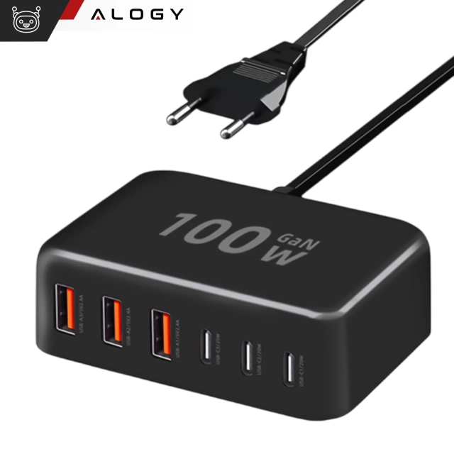 Ładowarka sieciowa 6w1 Super Szybkie Ładowanie 100W GaN 3x USB 3x USB-C Alogy Super Quick Charger Czarna