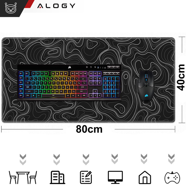 Alogy Podkładka na biurko pod myszkę mysz klawiaturę Mata ochronna antypoślizgowa gamingowa XL 80x40 cm Czarna Line Texture