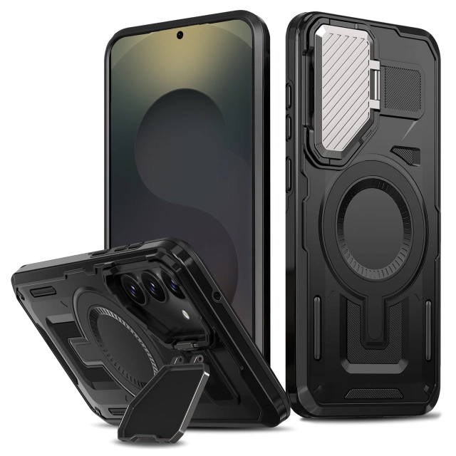 Etui do Samsung Galaxy S25 Plus Case do MagSafe Wzmocniona Pancerna ochrona obiektywów z funkcją podstawki obudowa ochronna na telefon Alogy HeavyDuty Mag™️Czarne