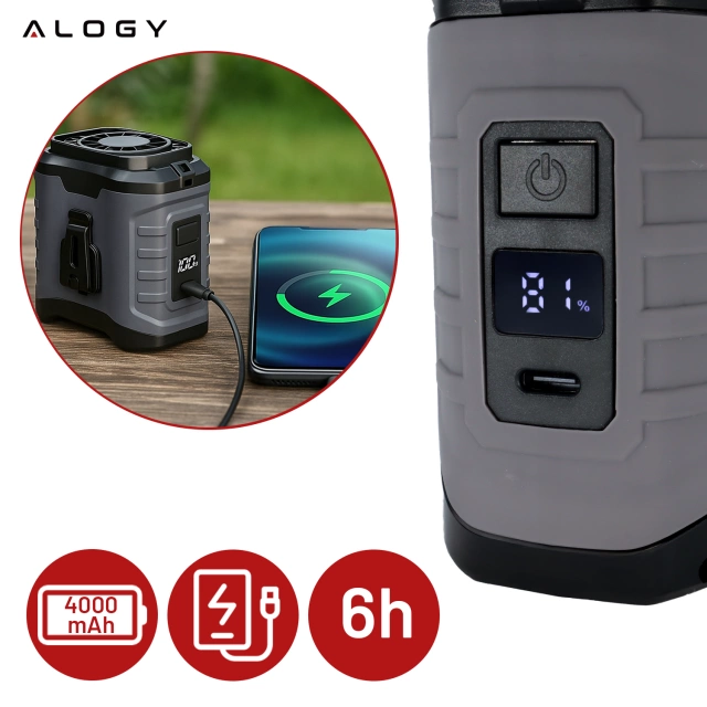 Mały wentylator Alogy Wiatrak z funkcją PowerBanka stojący wiszący do powieszenia na pasku przy spodniach 4000mAh Czarny