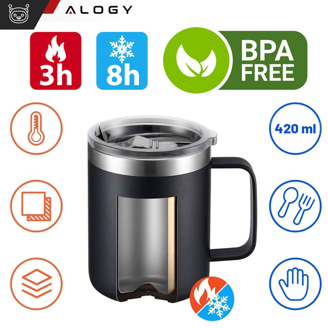 Alogy Kubek termiczny z uchwytem Thermal Mug otwierana pokrywka stalowy zimno i ciepło Czarny