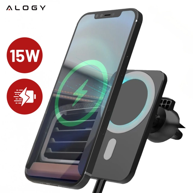 Alogy Uchwyt magnetyczny do auta z ładowarką Qi MagSafe na kratkę/ deskę 15W