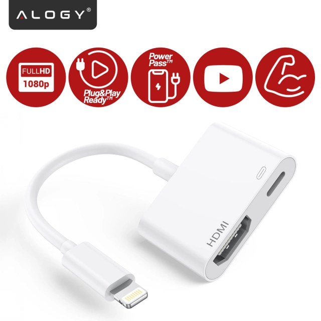 Przejściówka Lightning do HDMI i Lightning – adapter Full HD 60 Hz, łatwe podłączenie iPhone / iPad do TV lub projektora, Plug & Play – Alogy LightningHD™ Biały