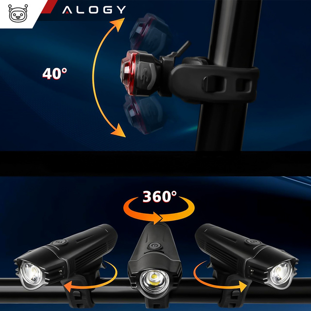 Alogy Lampka rowerowa 2w1 przód + tył wodoodporna IPX4 LED przednia tylna USB światło oświetlenie rowerowe zestaw lampek