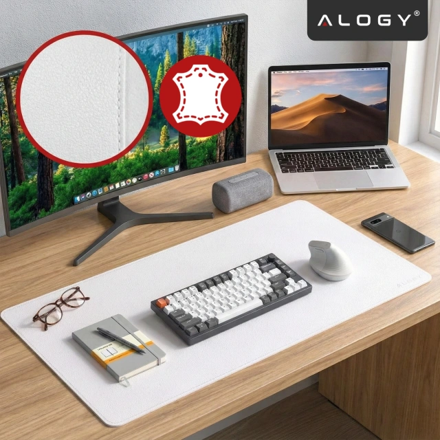 Podkładka na biurko 80×40 cm – antypoślizgowa mata ochronna z eleganckiej ekoskóry PU, pod mysz i klawiaturę, stylowa i trwała – Alogy WorkMat™ Biała