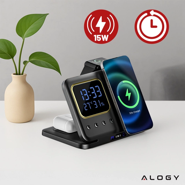 Ładowarka indukcyjna 5w1 składana Alogy MagStation Foldable Pro do MagSafe do Apple iPhone Watch AirPods z zegarem i higrometrem Czarna
