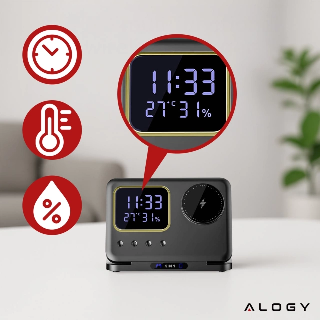 Ładowarka indukcyjna 5w1 składana Alogy MagStation Foldable Pro do MagSafe do Apple iPhone Watch AirPods z zegarem i higrometrem Czarna