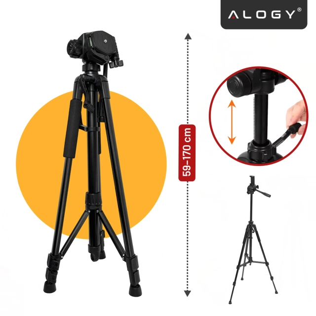 Alogy Statyw Fotograficzny Tripod Uniwersalny stojak do Kamer 1/4 uchwyt na telefon aparat 170cm Czarny