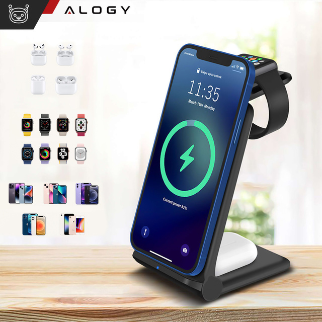 Ładowarka indukcyjna do iPHONE, APPLE WATCH, AIRPODS Alogy 3w1 QI stacja ładowania stojak 15W
