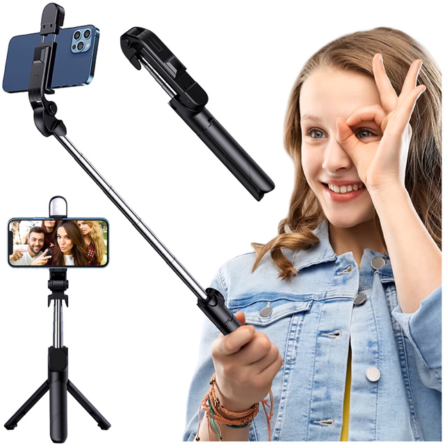 Alogy Uchwyt Bezprzewodowy Selfie Stick Bluetooth składany Tripod Mini statyw do telefonu z lampką LED