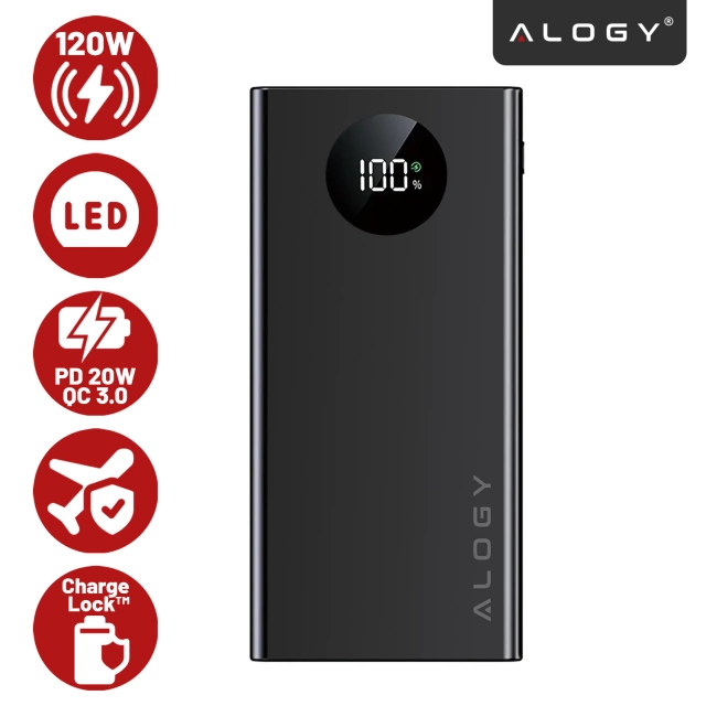 PowerBank 10000mAh z Technologią PD 120W, Szybkie Ładowanie PowerDelivery, Porty 2x USB-A i 1x USB-C, Wysoka Moc i Kompaktowy Design, Alogy TurboCharge™ – Czarny
