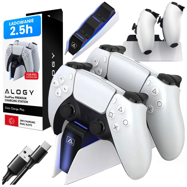 Alogy Podwójna stacja dokująca ładująca do kontrolera Pada do PlayStation 5 PS5 do 2 Padów Biała