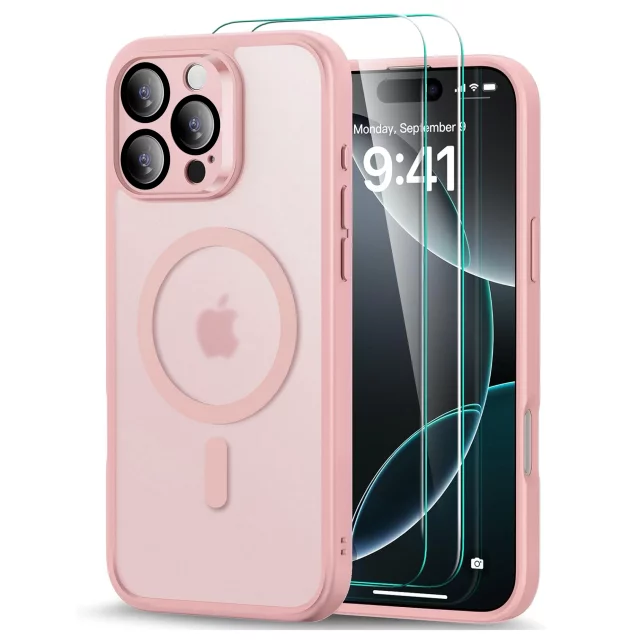 3w1 Zestaw Etui Hybrydowe + Szkło do Apple iPhone 16 Pro obudowa ochronna Hybrydowe MagSafe z ochroną obiektywu case + 2x Szkło hartowane ochronne na telefon Alogy 3in1 Case Pack Różowe