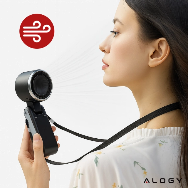 Wiatrak Mini wentylator Cyrkulator powietrza Alogy SmartFan™ Neck wiatraczek ręczny biurkowy z paskiem na szyję wyświetlacz LED 3600mAh Czarny