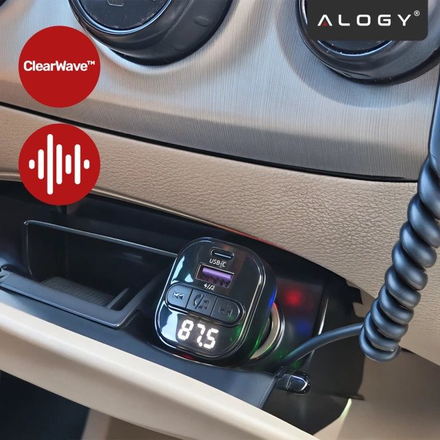 Transmiter FM Bluetooth 5.3 z Ładowarką Samochodową PD 30W QC3.0, Kabel Sprężynowy USB-C, Obsługa Pendrive, Podświetlenie LED 7 Barw – Alogy CarTune™ Czarny