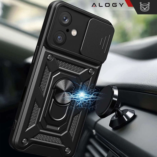Etui do Apple iPhone 16 pancerne Slide Case Ring obudowa ochrona aparatu Camshield Alogy czarne + Szkło