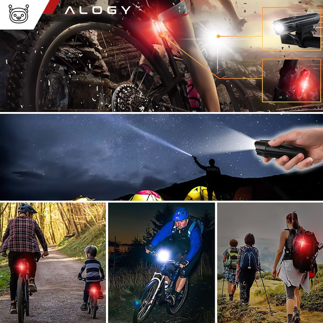 Alogy Lampka rowerowa 2w1 przód + tył wodoodporna IPX4 LED przednia tylna USB światło oświetlenie rowerowe zestaw lampek