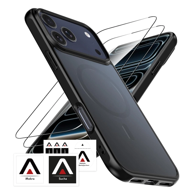Zestaw 3w1 Etui Hybrydowe MagSafe + 2x Szkło Hartowane do Apple iPhone 17 Pro Max, Wzmocniona Ochrona, Odporne i Precyzyjnie Dopasowane, Alogy 3in1 Case Pack™ – Czarne