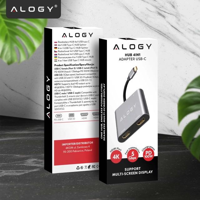 Adapter HUB 4w1 Alogy przejściówka USB-C do 2x HDMI USB 3.0 USB-C szybkie ładowanie PowerDelivery PD 100W