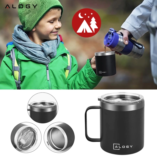Alogy Kubek termiczny z uchwytem Thermal Mug otwierana pokrywka stalowy zimno i ciepło Czarny