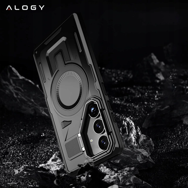 Etui do Samsung Galaxy S25 Plus Case do MagSafe Wzmocniona Pancerna ochrona obiektywów z funkcją podstawki obudowa ochronna na telefon Alogy HeavyDuty Mag™️Czarne