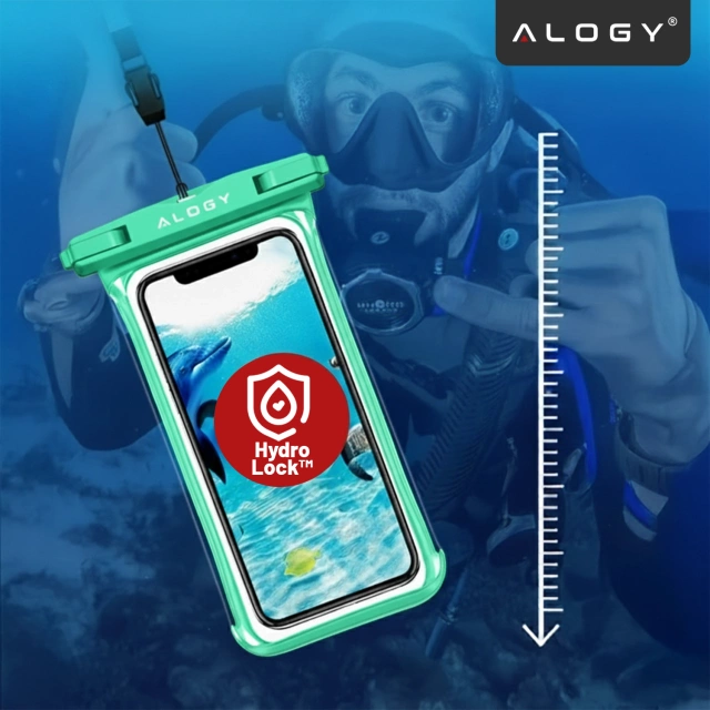 Etui Wodoodporne Uniwersalne IPX8 do Telefonów do 6.5", Wodoszczelna Ochrona na Plażę, Basen i Kajak, Dotykowy Front i Pasek na Szyję, Alogy HydroShield™ – Zielone