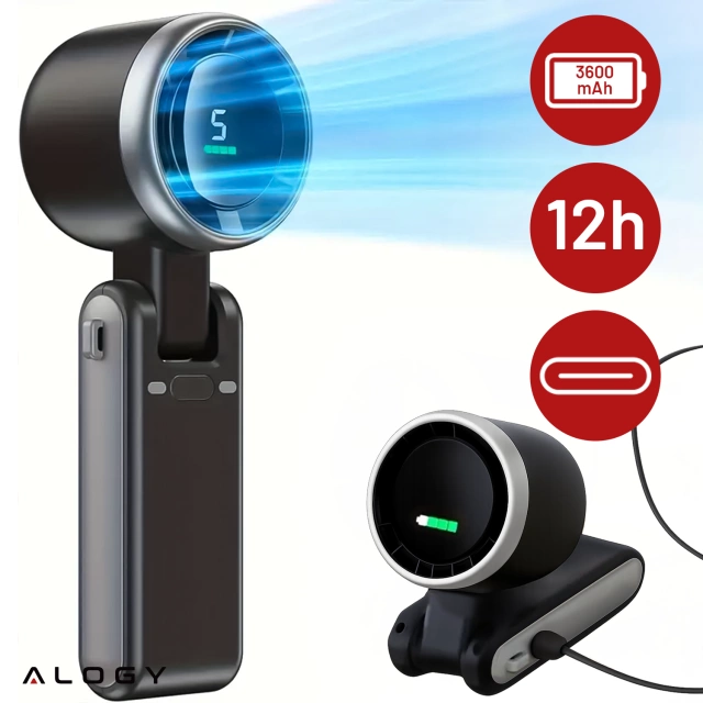 Wiatrak Mini wentylator Cyrkulator powietrza Alogy SmartFan™ Neck wiatraczek ręczny biurkowy z paskiem na szyję wyświetlacz LED 3600mAh Czarny