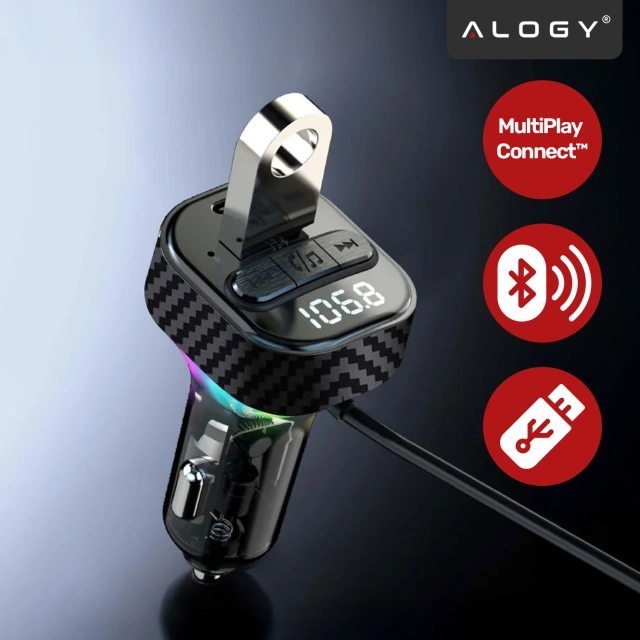 Transmiter FM Bluetooth 5.3 z Ładowarką Samochodową PD 30W QC3.0, Kabel Sprężynowy USB-C, Obsługa Pendrive, Podświetlenie LED 7 Barw – Alogy CarTune™ Czarny