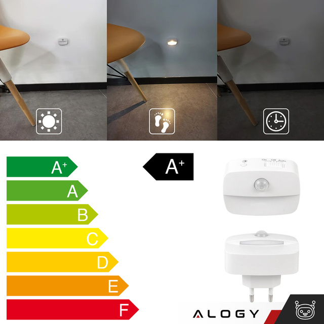 2x Alogy Lampka nocna z czujnikiem ruchu LED Night Light 3 barwy światła do gniazdka EU Biała